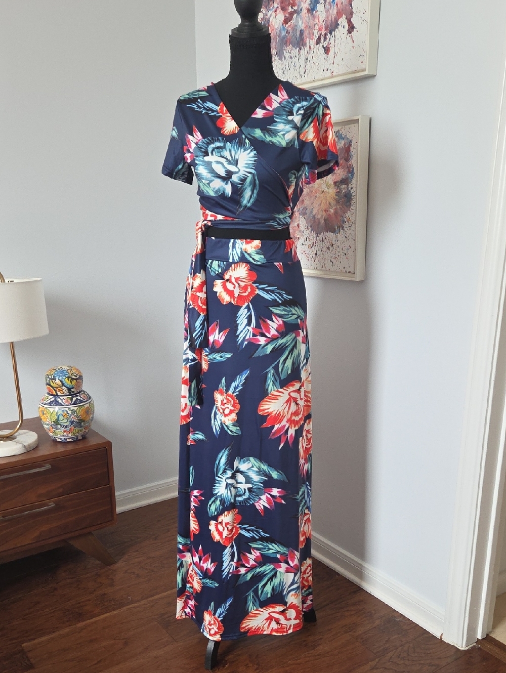 Navy Floral Wrap Maxi Skirt And Crop Top